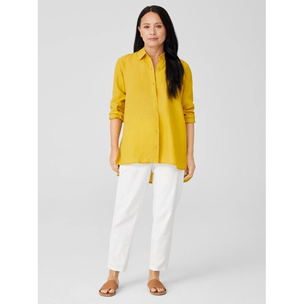 Eileen Fisher Woman 1X Mustard Yellow 100% Irish Linen Button‎ Front Tunic Shirt